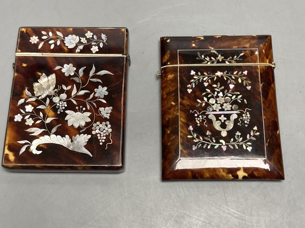 Two 19th century tortoiseshell and mother-of-pearl card cases, largest 10cm